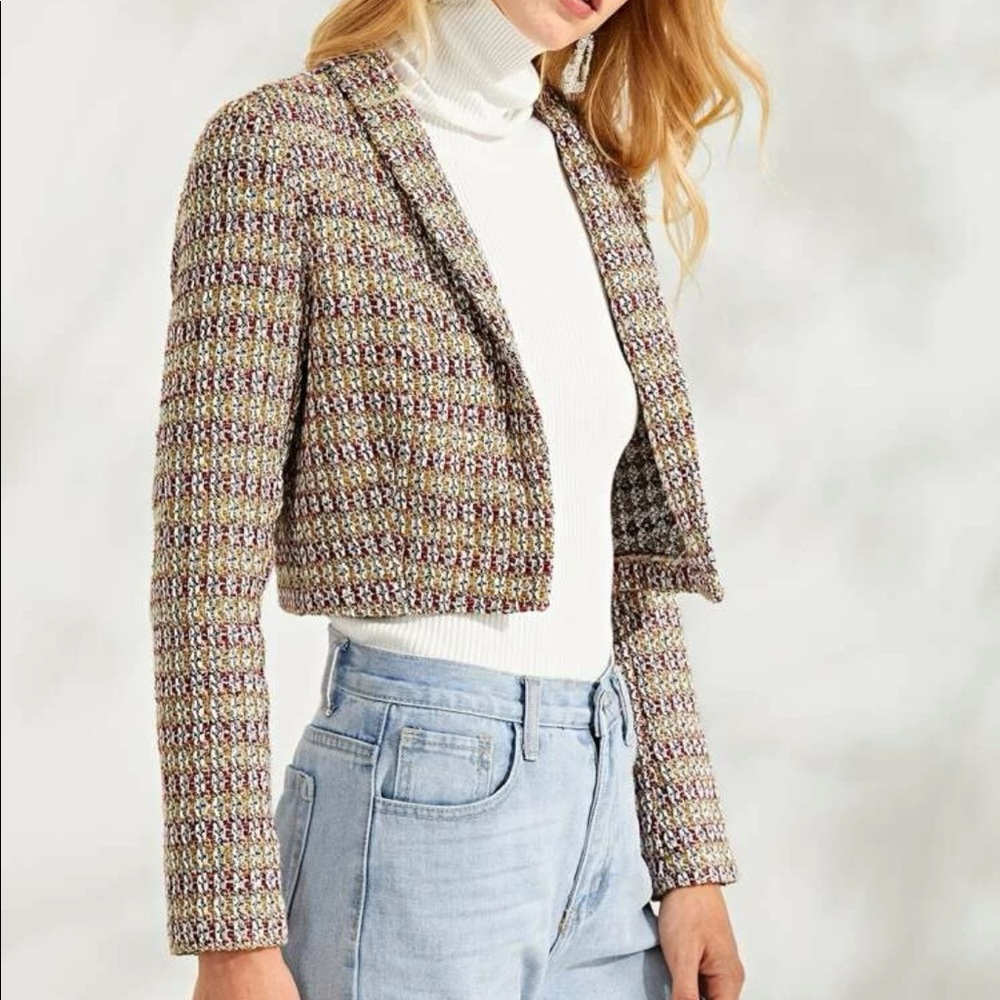 Tweed Shawl Collar One Snap Button Crop Kacket - Picture 6 of 9